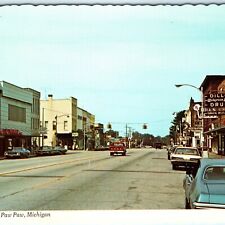 c1970s Paw Paw, Mich. Downtown Stores Postcard Cars Main St Sam Burke MI Vtg A79 picture
