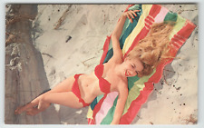 Postcard Vintage Pin Up Bathing Beauty Laying on the Beach picture