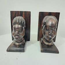 Pair of Hand Carved Wood African Tribal Bookends Bust Sculptures 7 in Man Woman picture