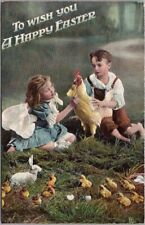 c1910s HAPPY EASTER Postcard Boy & Girl with Chicks & Bunnies TUCK'S Series 1710 picture
