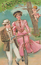 CUPID WATCHES ROMANTIC BICYCLE LESSON~1910s EMBOSSED GILT POSTCARD picture