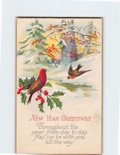 Postcard New Year Greetings Holiday Winter Nature Birds Art Print picture