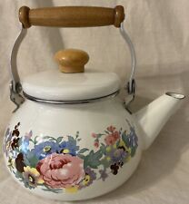 Vintage Enamel Metal Floral Teapot With Wooden Knob & Handle picture