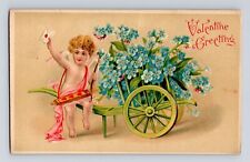 Postcard Valentine Cherub Wagon Forget Me Nots Embossed Brown & Woodley picture