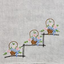 Vintage Kitchen Towel, Linen, Basket Embroidery With Flowers 14x23 Crochet Edges picture