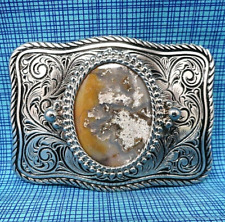Classic Western Belt Buckle Brown Gray White Stone Mount Vtg 70s 80s     .CPA110 picture