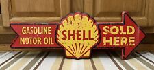 Shell Gasoline Motor Oil Metal Sign Sold Here Arrow Vintage Style Wall Decor picture