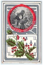 1909 Merry Christmas Girl Holly Berries Embossed Taneytown Maryland MD Postcard picture