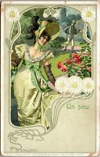 Vintage Postcard French Woman in Bonnet Art Nouveau Garden Love signed Schubert picture