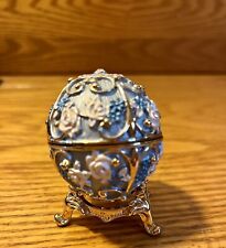 Blue Round Trinket Box Bejeweled Crystals Enameled W Gold Stand, Small Sparkly picture