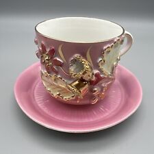 Beautiful Vintage Raised Flower German Lusterware Teacup And Saucer Set picture