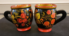 2 vintage Russian Khokhloma cups mugs original sale labels USSR 1984 picture
