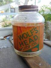 antique old vintage WOLFS HEAD MOTOR OIL GLASS QUART JAR w/paper label picture