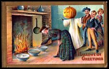 Halloween Postcard Blindfolded Woman JOL Pumpkin Costume Embossed Germany picture