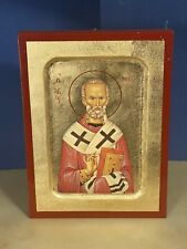 Saint Nicholas -GREEK RUSSIAN WOODEN ICON, CARVED WITH GOLD LEAVES 6x8 inch picture