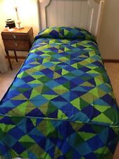 VINTAGE 70’s Mid Century Groovy Geometric Blue Green Twin Bedspread Cording Edge picture