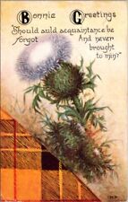 Antique Postcard Bonnie Greetings Auld Acquaintance Scottish Tartan Thistle 1914 picture
