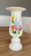 Vintage White Milk Glass 10.5” Flower Vase - Hand Painted Flowers - Great picture