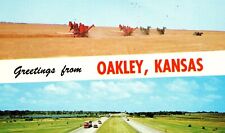 Greetings from Oakley Kansas Vtg KS Postcard View Combine Harvesters Highways picture