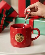 New Starbucks Cups Red Christmas Gift Star Sky 12oz Ceramic Coffee Mug+ Stir Rod picture