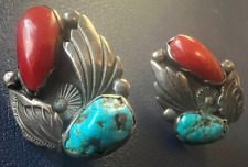 Important Zuni attr Dan Simplicio Omega Back Earrings Leaves Coral Turquoise picture