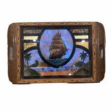 Vintage Brazilian Rio de Janeiro Butterfly Wing Inlay Wood 2-handle Tray Ship picture