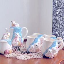 Vintage PMC Ceramic White Kitty Tea Set includes teapot 4 Cups Sugar Cat Mugs picture