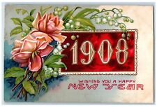 1907 New Year Holly Pink Flowers Large Numbers Embossed Bridgeport CT Postcard picture