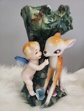 Vintage Royal Japan CHERUB ANGEL and FAWN BAMBI VASE Deer Mcm Kitschy Fairy  picture