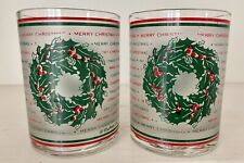 2 Vintage Culver Merry Christmas Wreath Cocktail Rocks Glasses Red Green Frosted picture