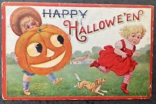 1909 Halloween Postcard Girl Runs from Boy with Jack O Lantern-Posted-German Emb picture