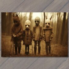 POSTCARD Weird Creepy Vintage Masks Horns Cult Unusual Group Kids Fall 💀 picture