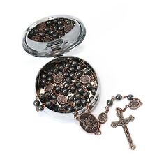 Antique Copper St Michael Black Hematite Stone Beads Rosary Necklace - Metal Box picture