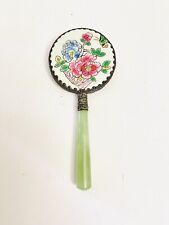Vintage Asian Jade Handled Enameled Cloisonné & Metal Hand Mirror Floral 5” picture