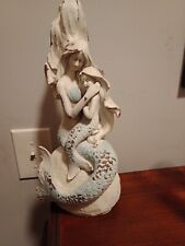 RESIN MERMAID WITH MERMAID CHILD ON ROCK DISTRESSED LOOK 13 INCHES TALL picture