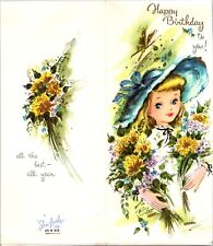 Slim Lovely Mid Century Elegant Young Lady In Hat Vintage Used Greeting Card MCM picture