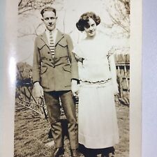 Happy Couple  Photo VTG 1920s Fashion Dress Stripe Tie Wooden Fence Hold Hands picture