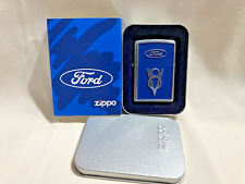 Unfired & Sealed FORD V8 Blue & Chrome Advertising Zippo Lighter & Matching Tin picture
