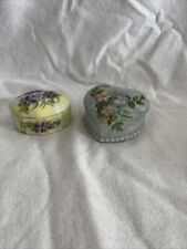 2 Vintage Porcelain Heart Shaped & Oval Trinket Boxes Floral Both Signed picture