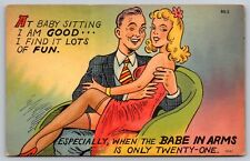 Postcard Humor Romance Colorful Babe in Arms Cuddle Scene A17 picture