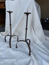 Pair Antique Hand Forged Brutalist Style Wrought Iron 3 Legs Pricket Candlestick picture