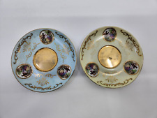 2 Vintage Unmarked Saucers Blue and Yellow Victorian Couple Gold Trim Numbered picture