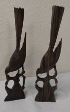 Vintage Pair Of Wood Carved Bird Figurines Mom Feeding Baby Bird  picture