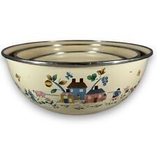 Vintage Cottagecore Enamelware Nesting Bowls, Farm Scene,Metal picture