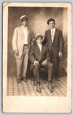 Original Old Vintage Real Photo Postcard Three Gentlemen Suit Tie Hat RPPC picture