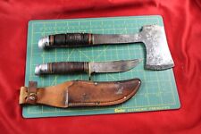 Vintage Leather Stacked Western L66 Knife & Distressed Western L10 Hatchet picture