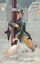 Antique Christmas Dark Humor Card Drunk Man Streetlights Goose Vtg Postcard B19 picture