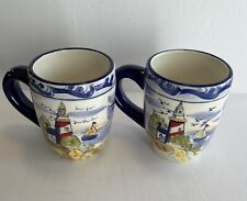 Set Of 2 Nantucket Collection CeramicLighthouse Sailboat Nautical Mugs Pre-owned picture