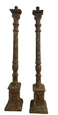 Pr Antique Mexican Carved Painted Wood Candlesticks Church Alter Candle Holders picture
