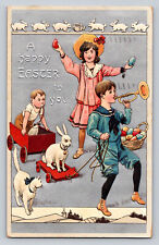c1910 Children Play Horn Cat Eggs Rabbit Girl Boy Easter P721 picture